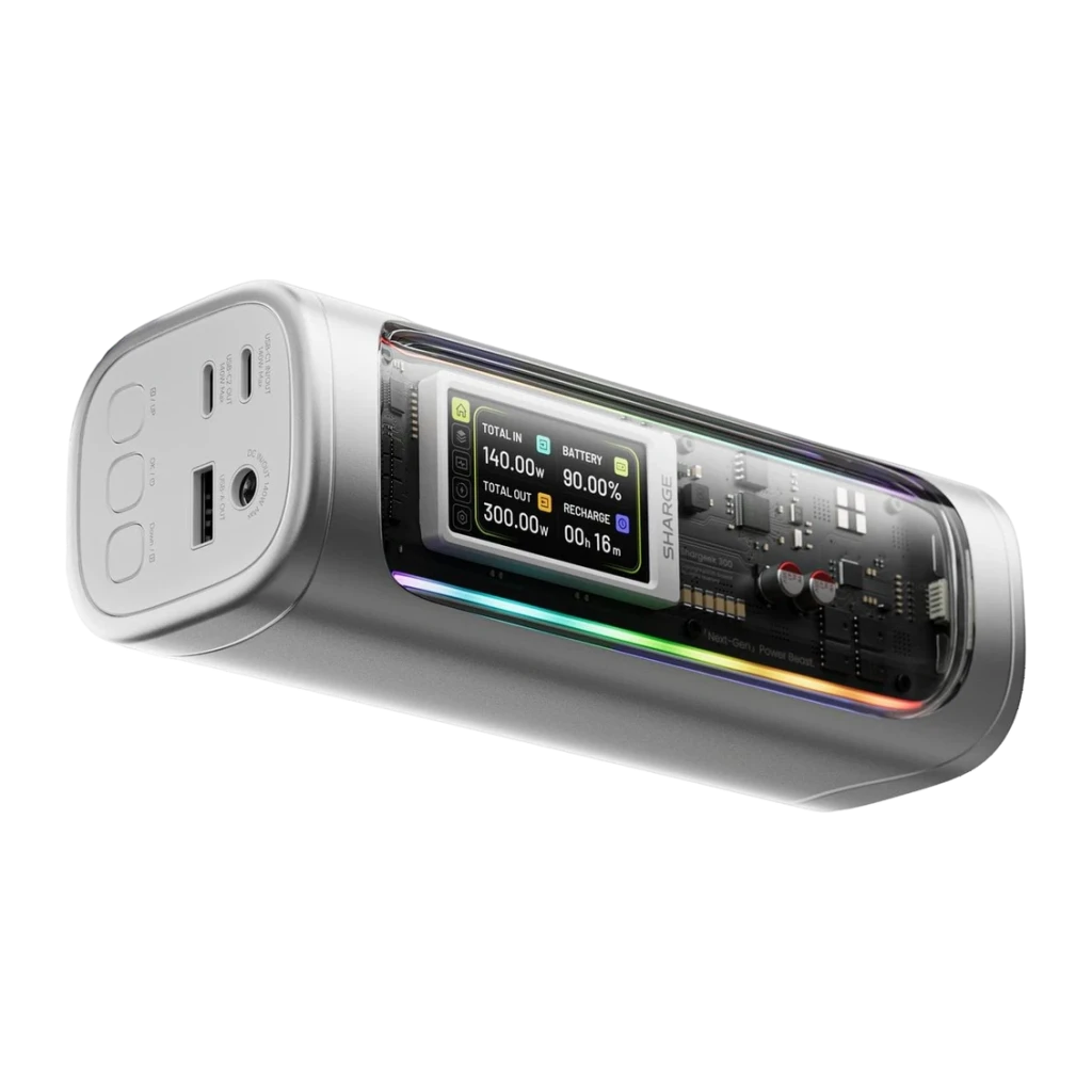 Power Bank SHARGE Shargeek 300 X3 24000mAh Argent 300W PD 3.1, vue latérale: écran LCD, ports USB-C et USB-A, coque