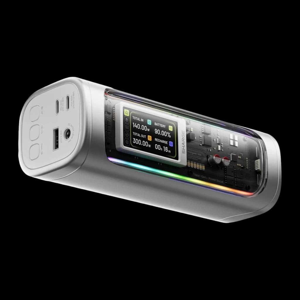 Power Bank SHARGE Shargeek 300 X3 24000mAh Argent 300W PD 3.1, vue latérale: écran LCD, ports USB-C et USB-A, coque