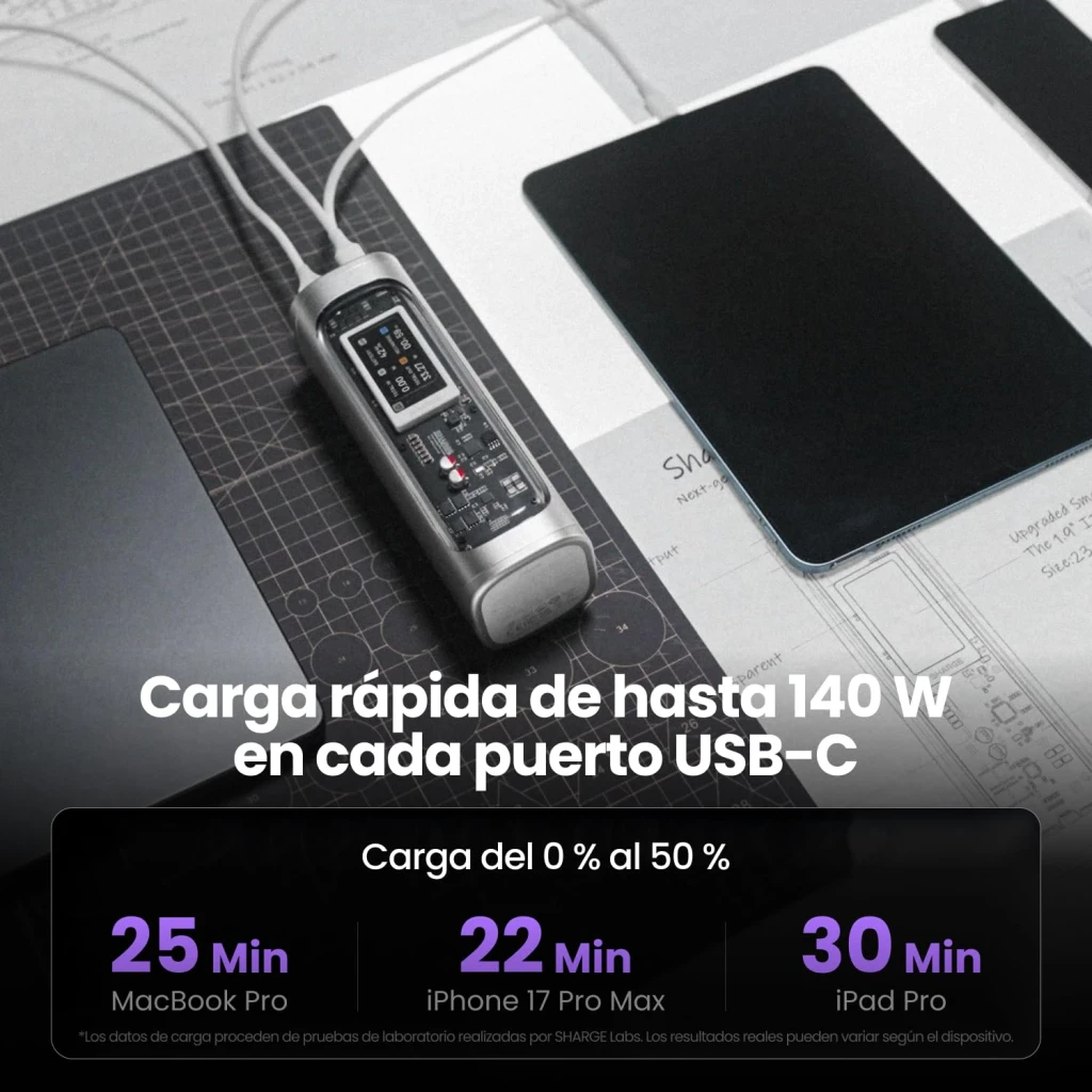 Power Bank SHARGE Shargeek 300 X3 24000mAh Argent 300W PD 3.1, lifestyle: branché via câbles USB-C chargeant MacBook, iPhone