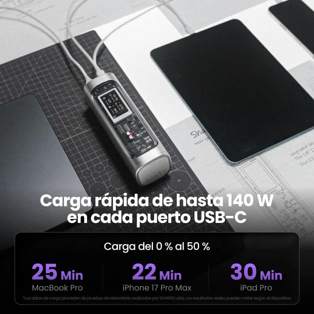Power Bank SHARGE Shargeek 300 X3 24000mAh Argent 300W PD 3.1, lifestyle: branché via câbles USB-C chargeant MacBook, iPhone