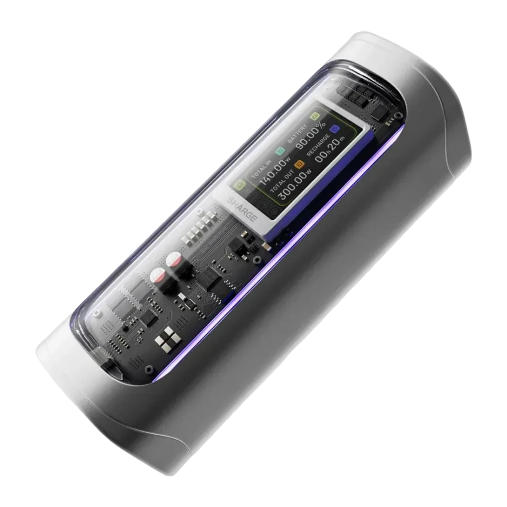 Power Bank SHARGE Shargeek 300 X3 24000mAh Argent 300W PD 3.1, vue diagonale: coque transparente révèle circuits internes