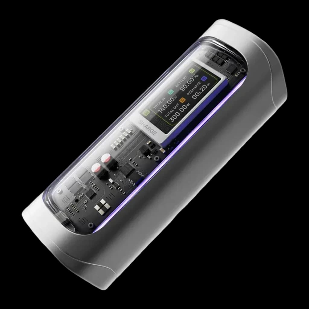 Power Bank SHARGE Shargeek 300 X3 24000mAh Argent 300W PD 3.1, vue diagonale: coque transparente révèle circuits internes