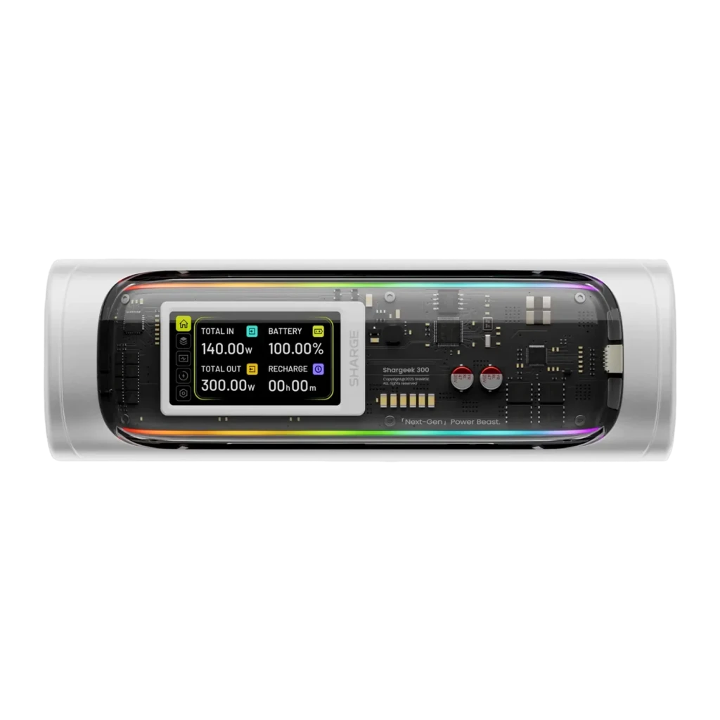 Power Bank SHARGE Shargeek 300 X3 24000mAh Argent 300W PD 3.1, vue dessus: écran LCD avec données de charge, coque