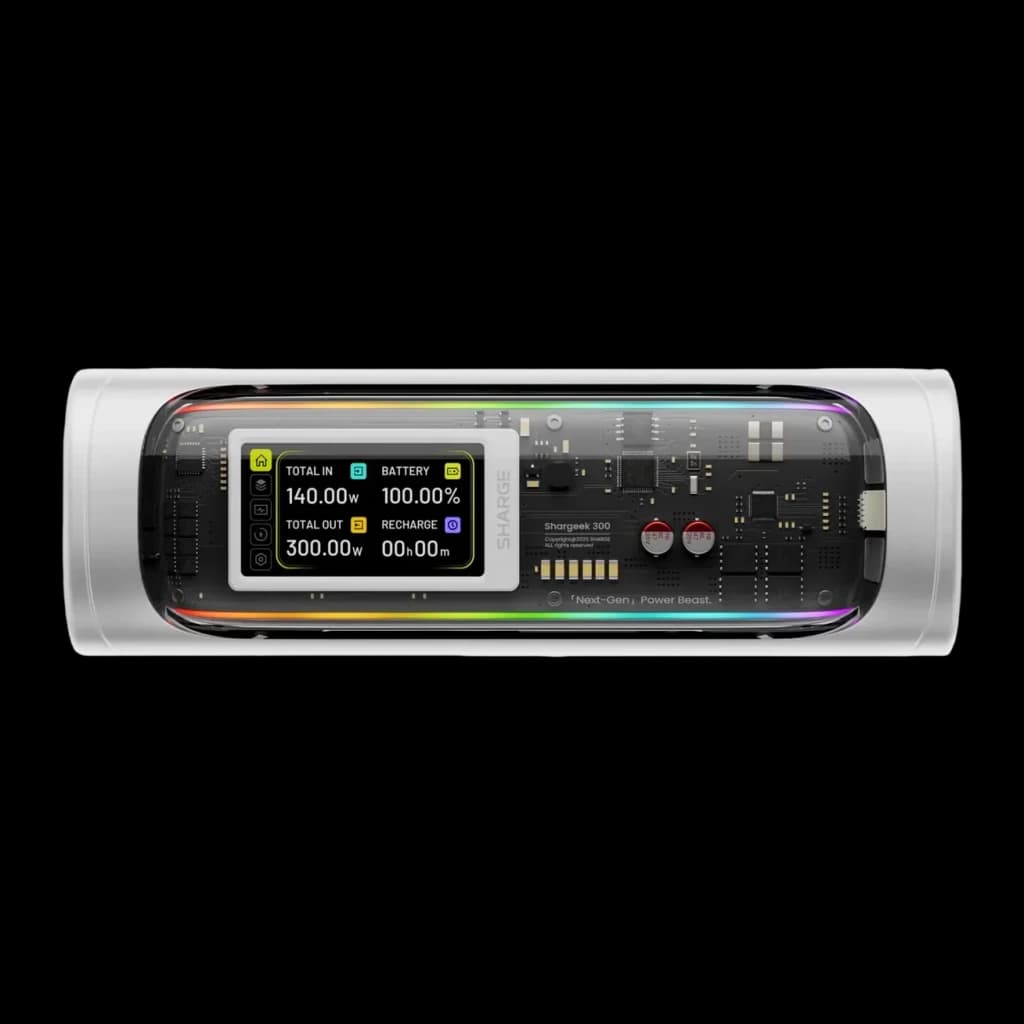 Power Bank SHARGE Shargeek 300 X3 24000mAh Argent 300W PD 3.1, vue dessus: écran LCD avec données de charge, coque