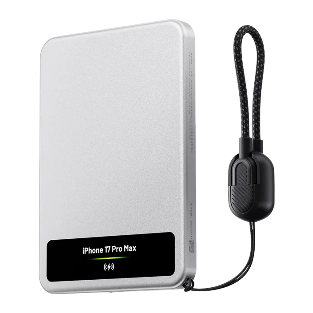 Power Bank Sharge Smart Magnetic M8 5000mAh Argent Qi2 MagSafe 15W, vue avant: corps argenté avec écran affichant iPhone 17