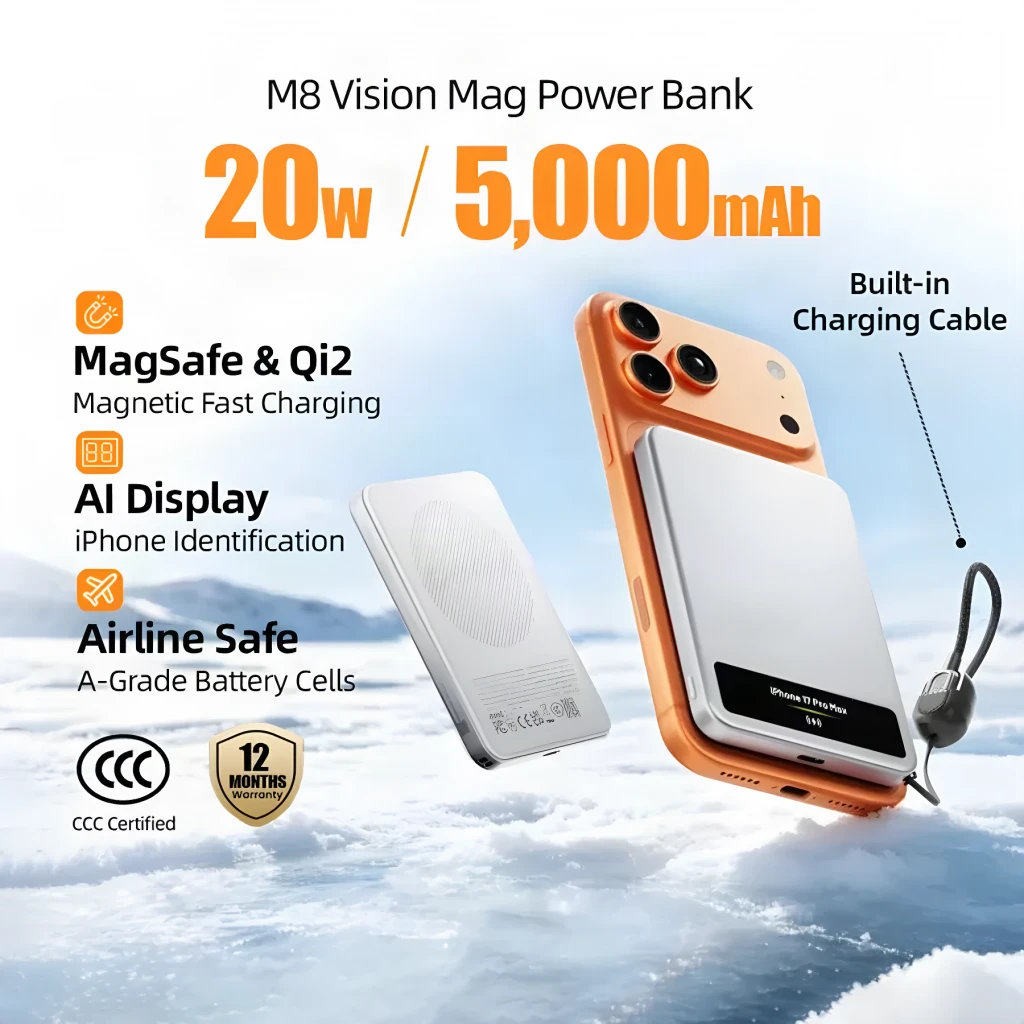 Power Bank Sharge Smart Magnetic M8 5000mAh Argent Qi2 MagSafe 15W, infographie: unité seule et fixée à l'iPhone, câble