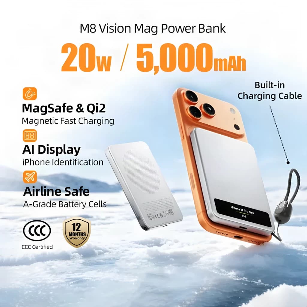 Power Bank Sharge Smart Magnetic M8 5000mAh Argent Qi2 MagSafe 15W, infographie: unité seule et fixée à l'iPhone, câble