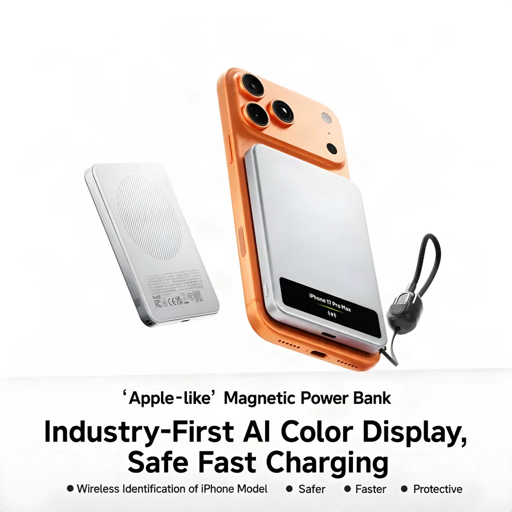 Power Bank Sharge Smart Magnetic M8 5000mAh Argent Qi2 MagSafe 15W, vue utilisation: fixé magnétiquement à un iPhone orange