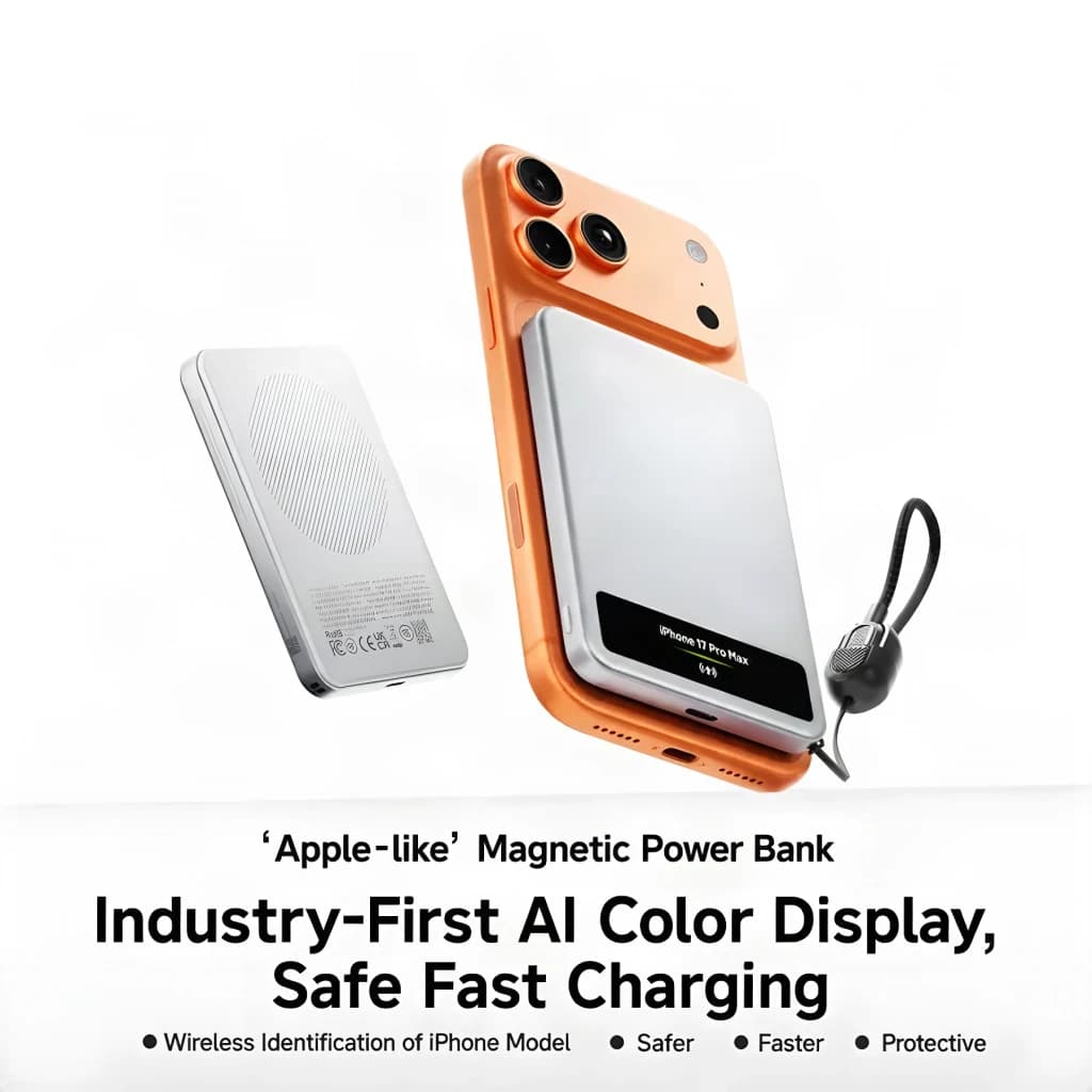 Power Bank Sharge Smart Magnetic M8 5000mAh Argent Qi2 MagSafe 15W, vue utilisation: fixé magnétiquement à un iPhone orange