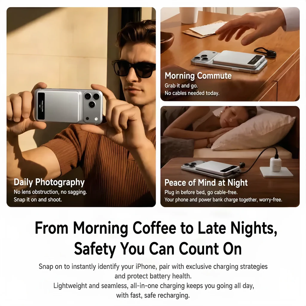 Power Bank Sharge Smart Magnetic M8 5000mAh Argent Qi2 MagSafe 15W, lifestyle: 3 scènes d'usage quotidien fixé sur iPhone