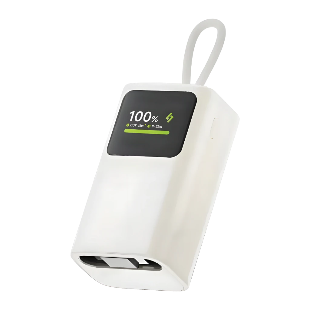 Power Bank Sharge HyperTower E3 10000mAh Blanc Câble USB-C rétractable intégré 45W, vue avant en angle: écran affichant
