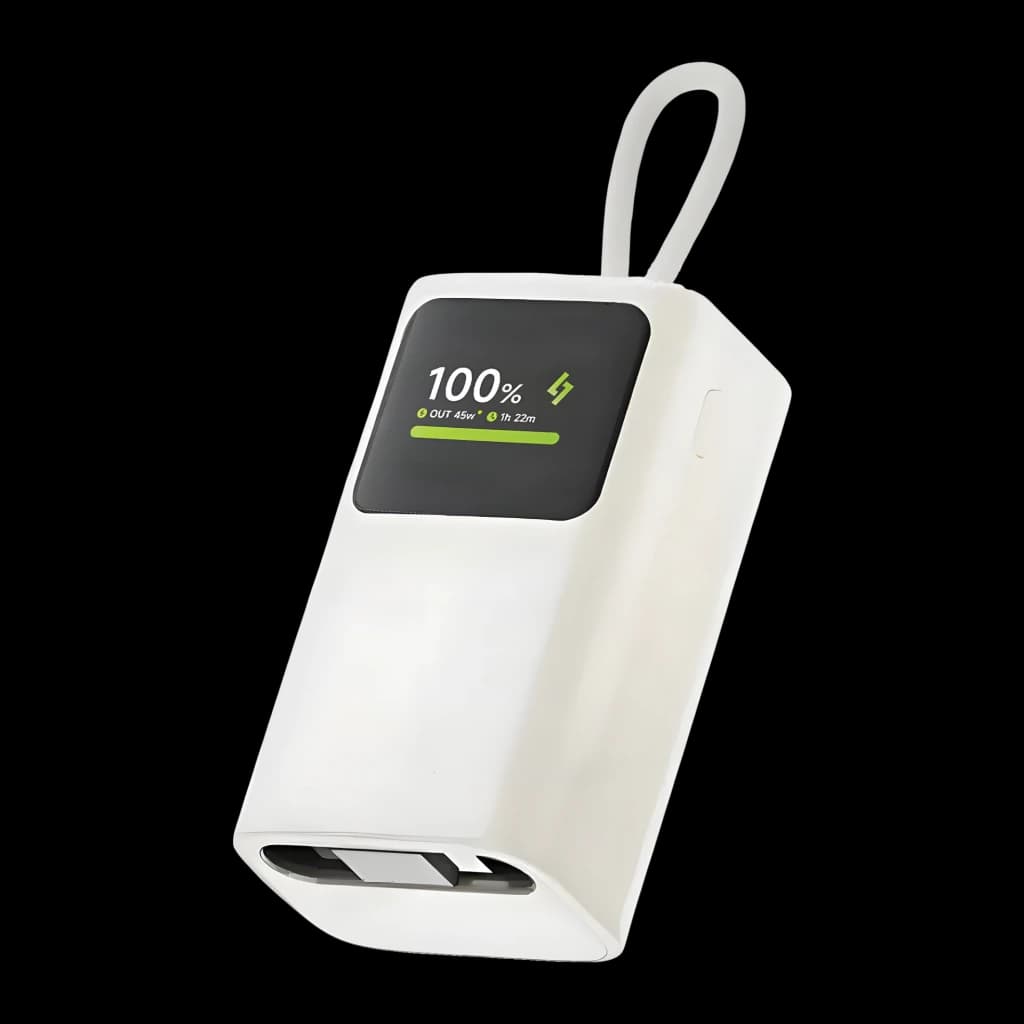 Power Bank Sharge HyperTower E3 10000mAh Blanc Câble USB-C rétractable intégré 45W, vue avant en angle: écran affichant
