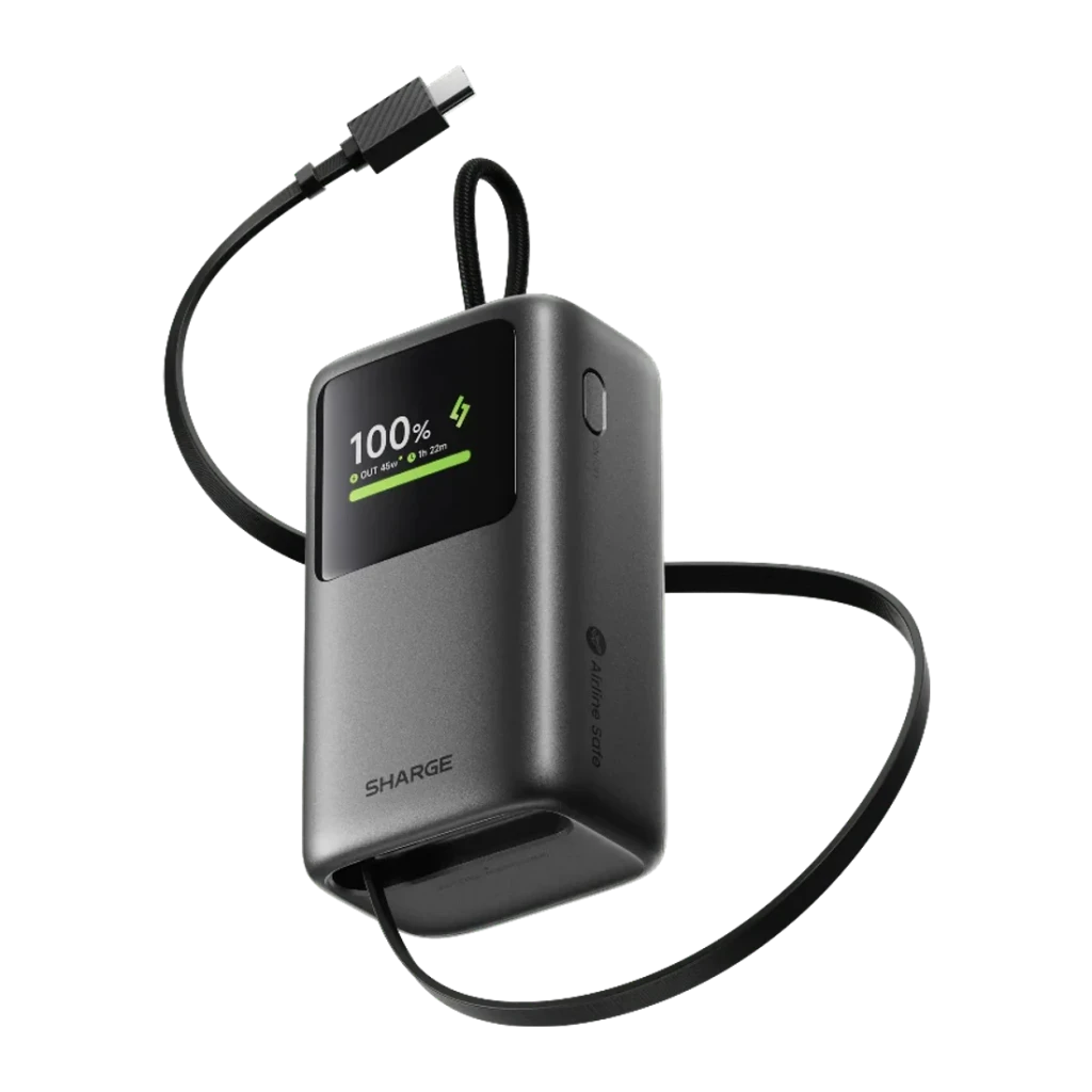 Batterie externe Sharge E3 HyperTower 10000mAh Noir câble USB-C rétractable intégré 45W, vue avant en angle: écran LED 100%