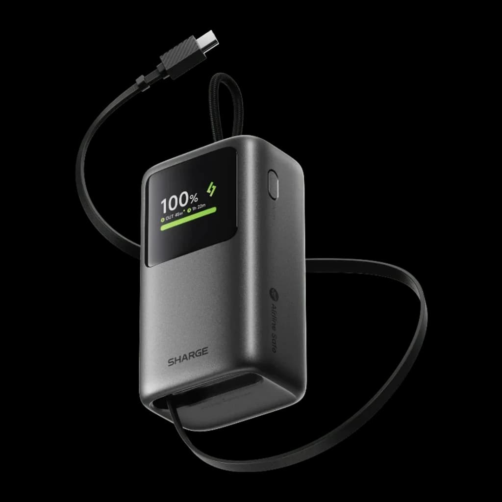 Batterie externe Sharge E3 HyperTower 10000mAh Noir câble USB-C rétractable intégré 45W, vue avant en angle: écran LED 100%