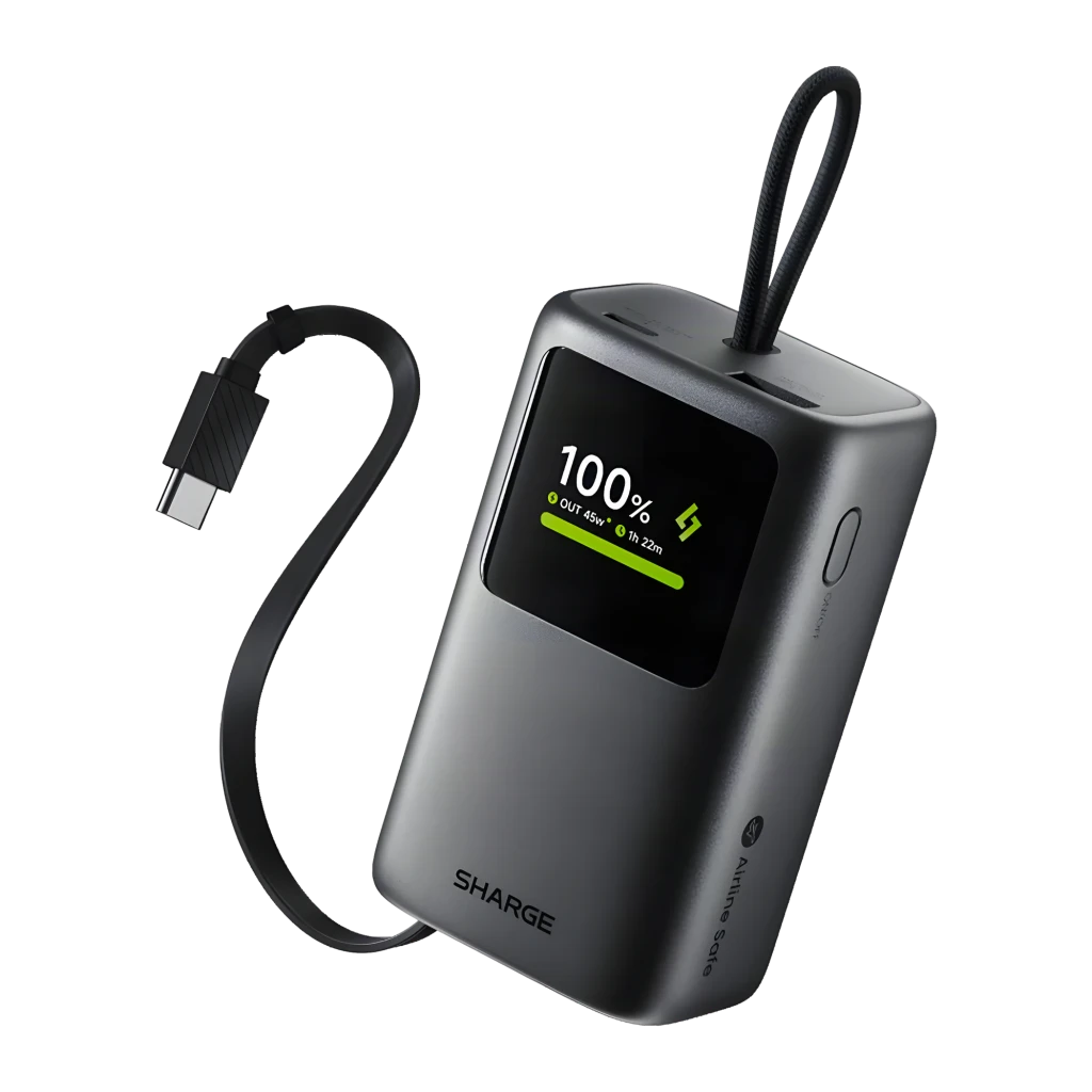 Batterie externe Sharge E3 HyperTower 10000mAh Noir câble USB-C rétractable intégré 45W, vue avant: écran LCD 100% et sortie