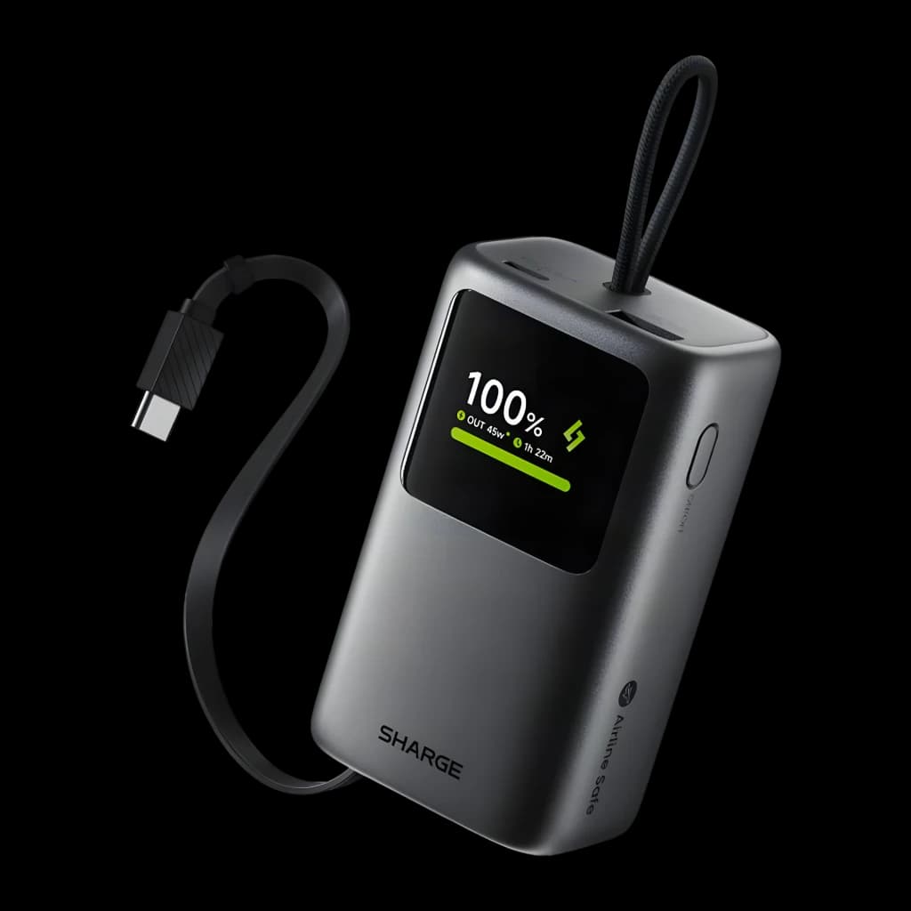Batterie externe Sharge E3 HyperTower 10000mAh Noir câble USB-C rétractable intégré 45W, vue avant: écran LCD 100% et sortie