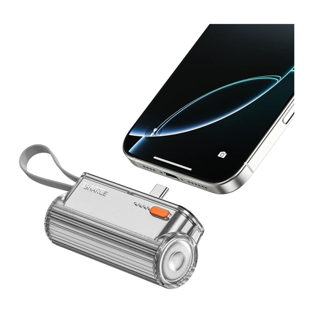 Batterie externe Sharge Flow Mini 2 Pro 5800mAh Argent Câble USB-C intégré 22,5W, utilisation: branché sur smartphone corps