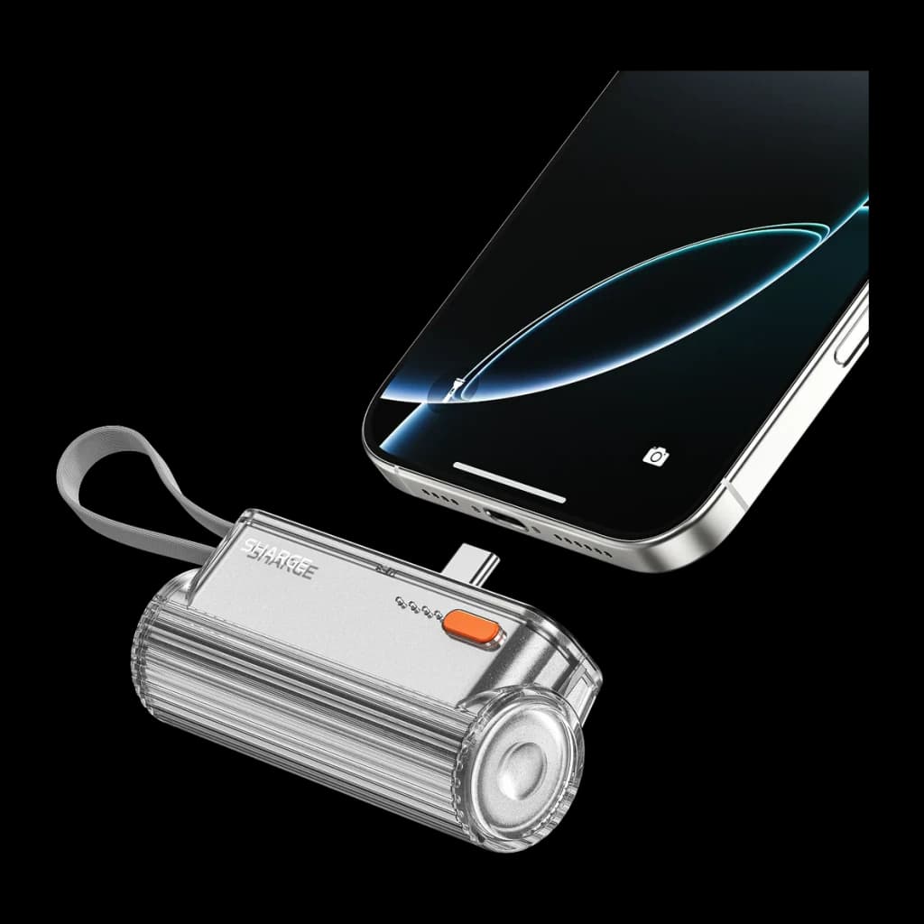 Batterie externe Sharge Flow Mini 2 Pro 5800mAh Argent Câble USB-C intégré 22,5W, utilisation: branché sur smartphone corps