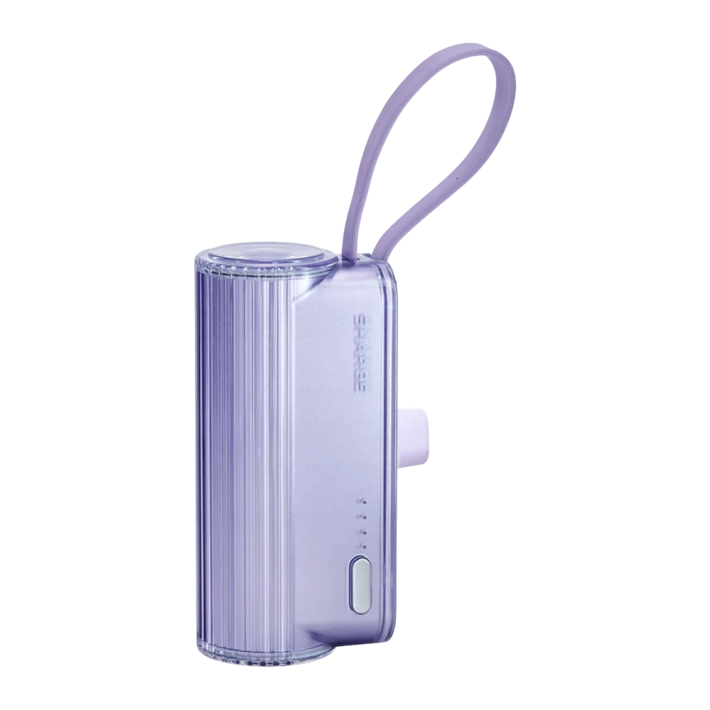 Power Bank Sharge Flow Mini 2 Pro 5800mAh Violet Câble USB-C intégré 22,5W PD et QC, vue en angle: coque transparente