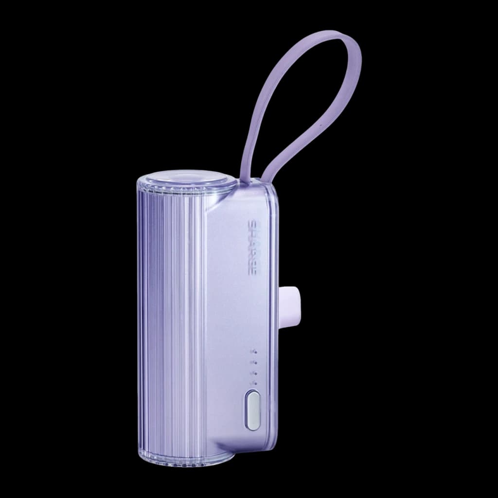 Power Bank Sharge Flow Mini 2 Pro 5800mAh Violet Câble USB-C intégré 22,5W PD et QC, vue en angle: coque transparente
