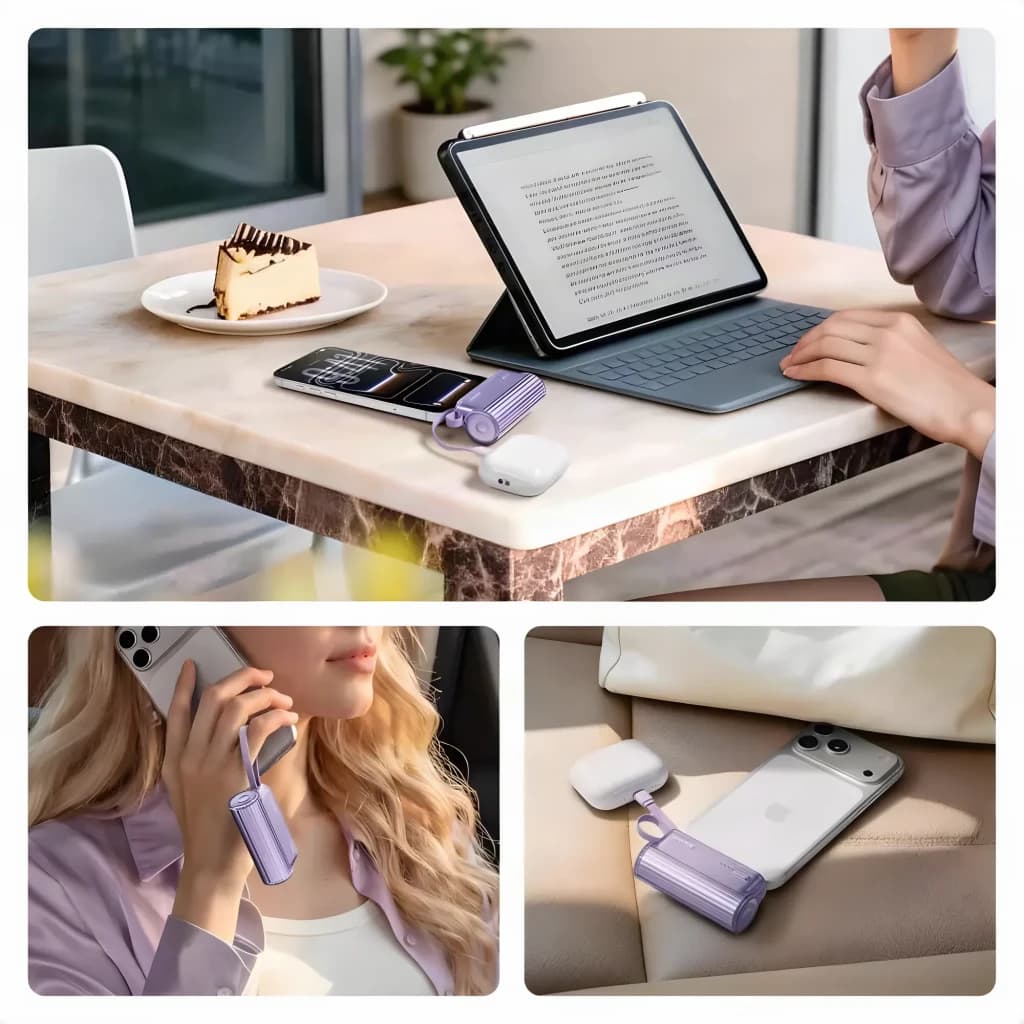 Power Bank Sharge Flow Mini 2 Pro 5800mAh Violet Câble USB-C intégré 22,5W PD et QC, lifestyle: charge téléphone