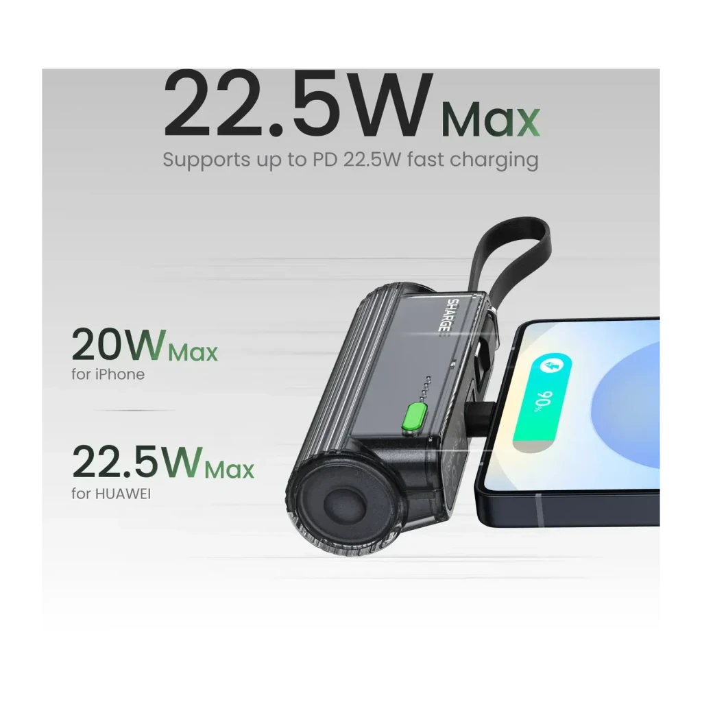 Power Bank Sharge Flow Mini 2 Pro 5800mAh Violet Câble USB-C intégré 22,5W PD et QC, infographie: charge smartphone