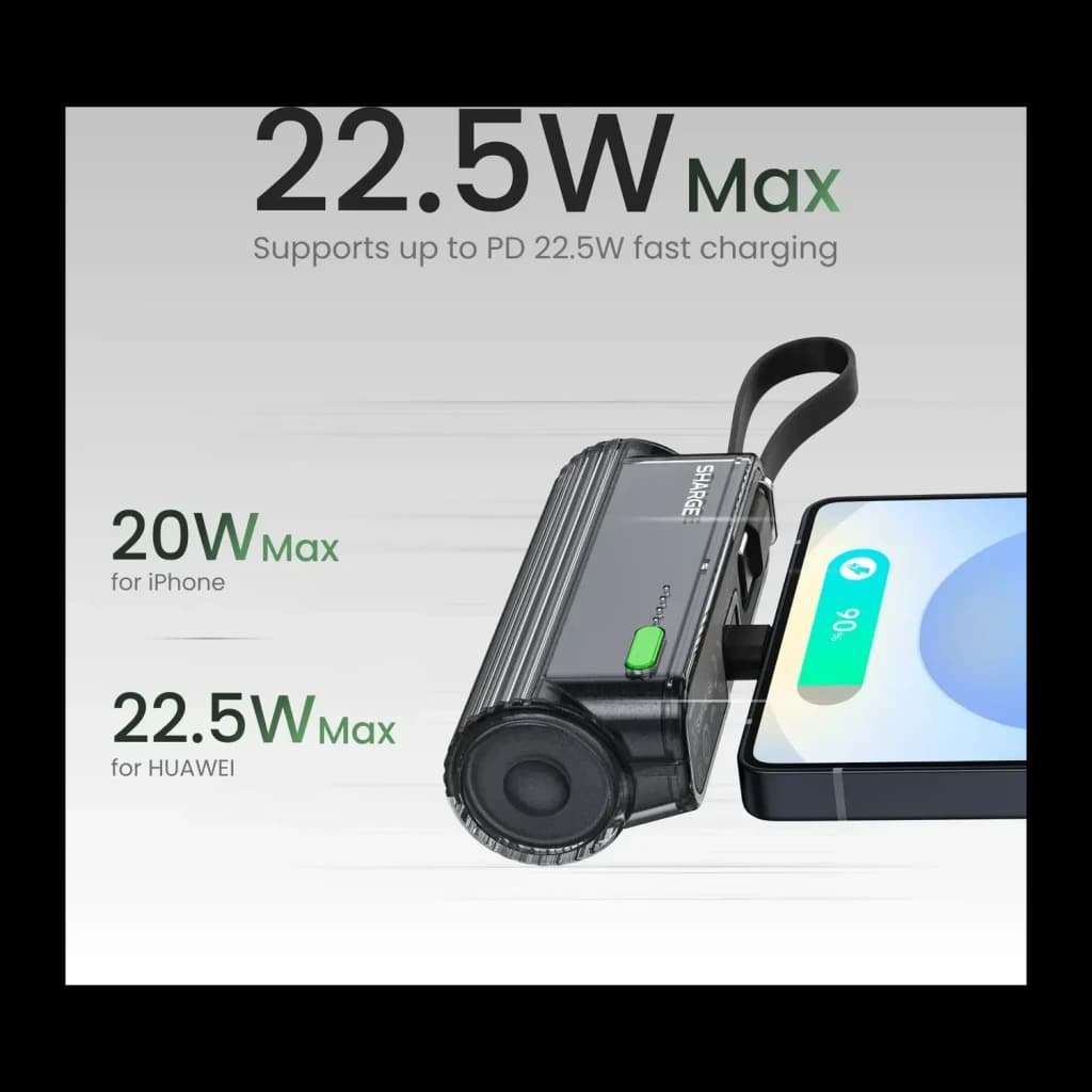 Power Bank Sharge Flow Mini 2 Pro 5800mAh Violet Câble USB-C intégré 22,5W PD et QC, infographie: charge smartphone