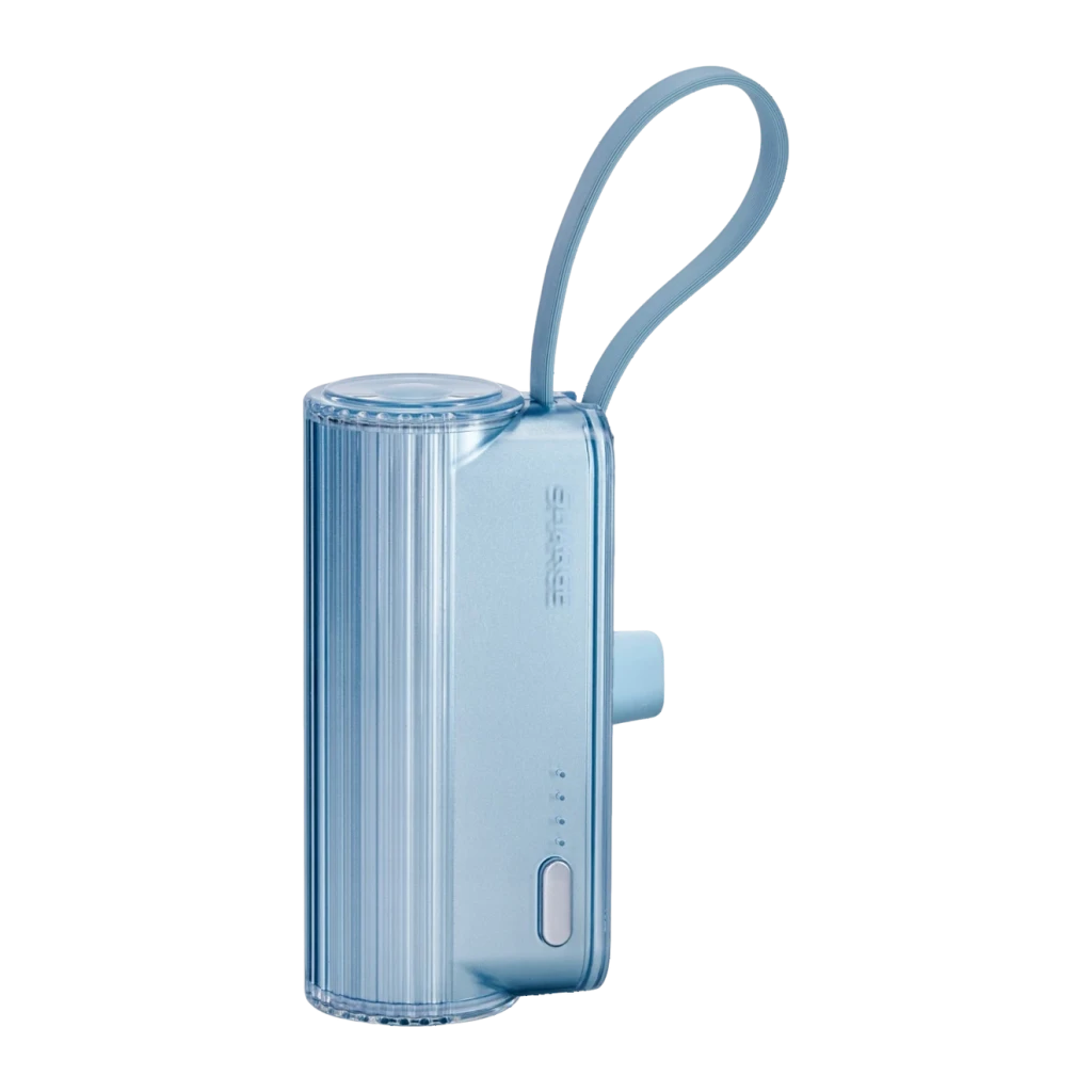 Power Bank Sharge Flow Mini 2 Pro 5800mAh Bleu Ciel, vue latérale: coque nervurée transparente, indicateur LED et connecteur