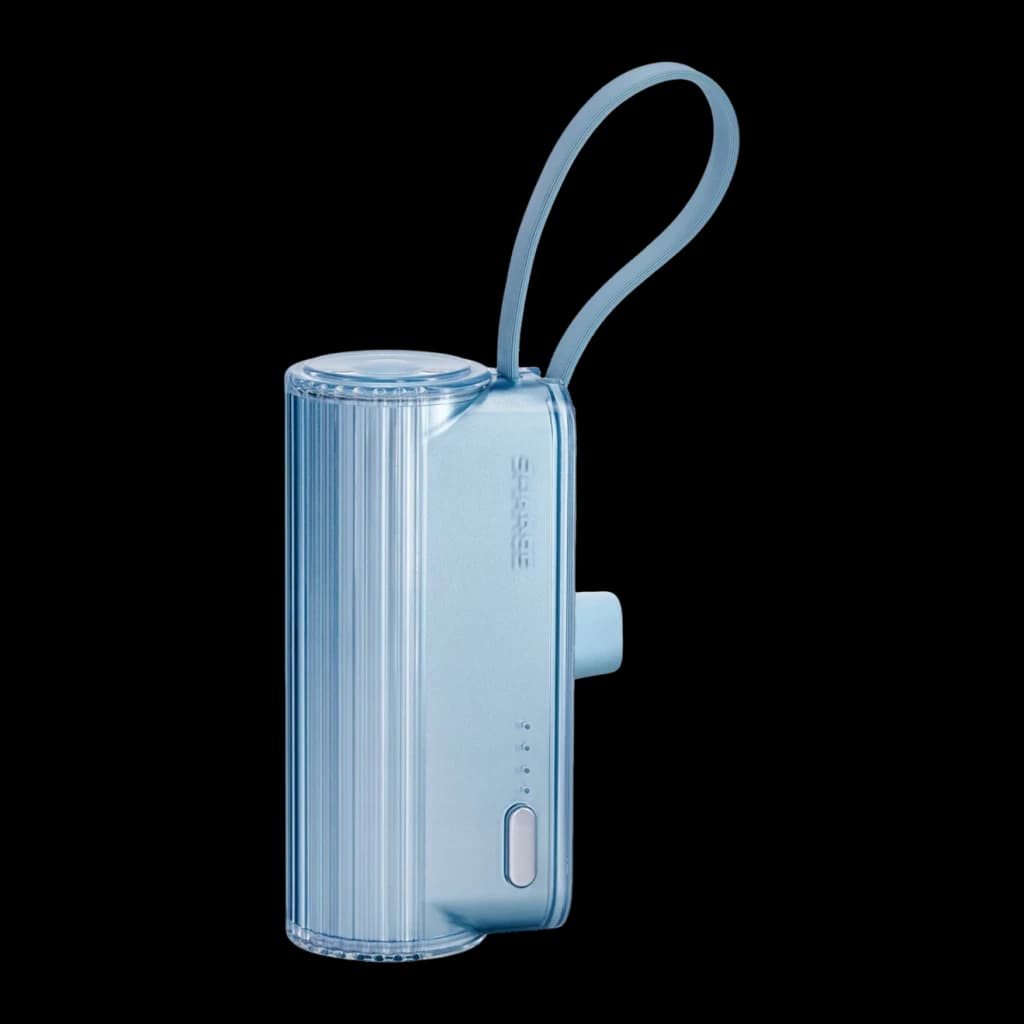 Power Bank Sharge Flow Mini 2 Pro 5800mAh Bleu Ciel, vue latérale: coque nervurée transparente, indicateur LED et connecteur