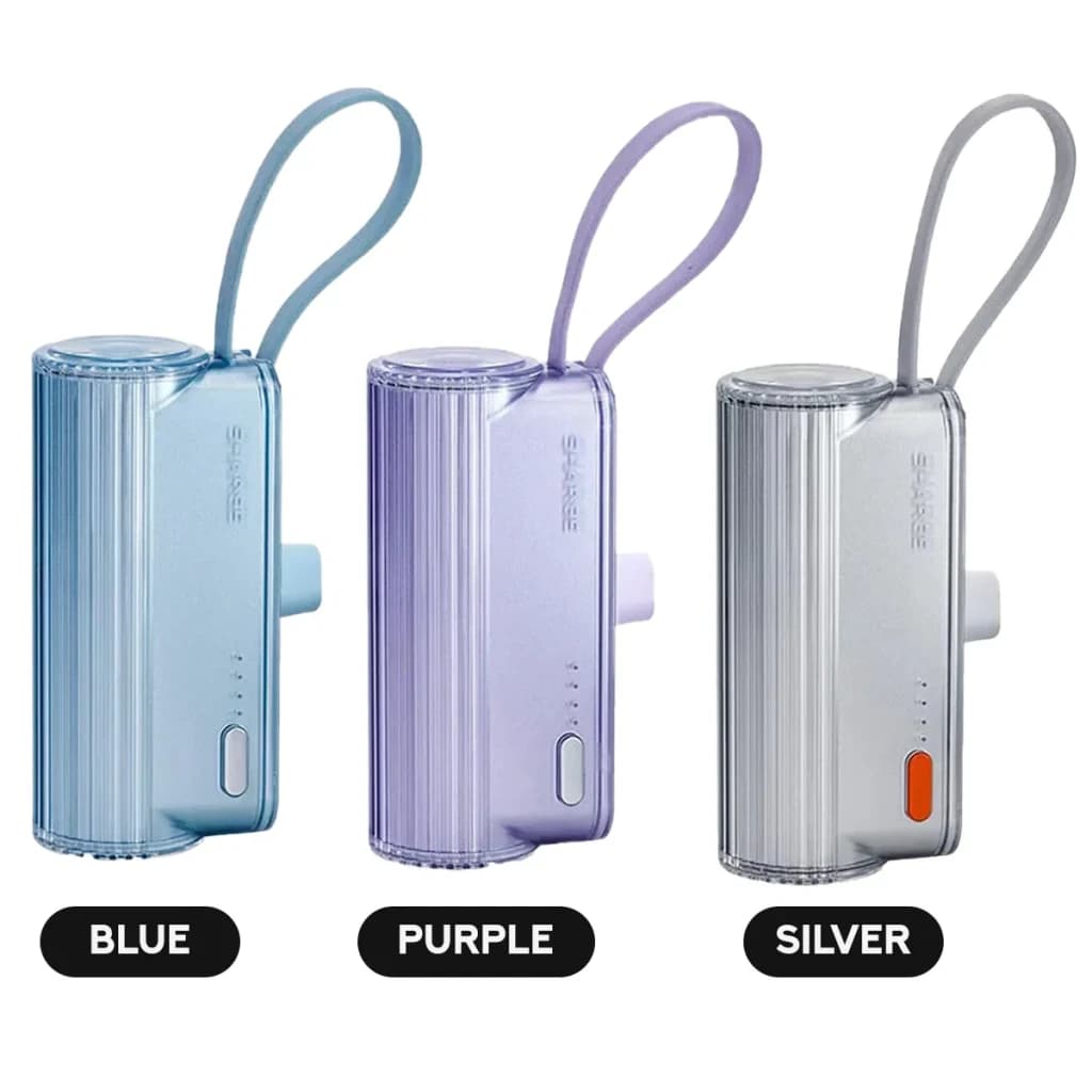 Power Bank Sharge Flow Mini 2 Pro 5800mAh Bleu Ciel, coloris disponibles: versions bleue, violette et argentée avec lanière
