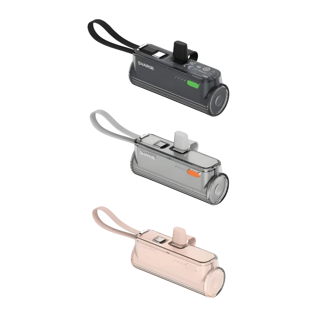 Power Bank Sharge Flow Mini Rose 5000mAh compact, corps rose métallisé, câble USB-C intégré, indicateurs LED, dragonne assortie, sortie 22,5W rapide