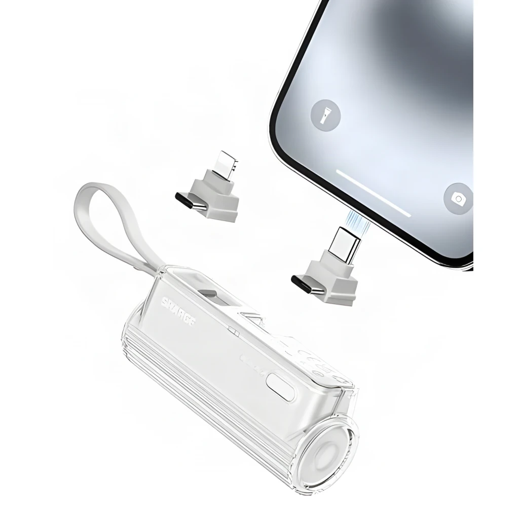 Power Bank Sharge Flow Mini 5000mAh Blue Câble USB-C intégré 22,5W, vue accessoires: adaptateurs Lightning et USB-C
