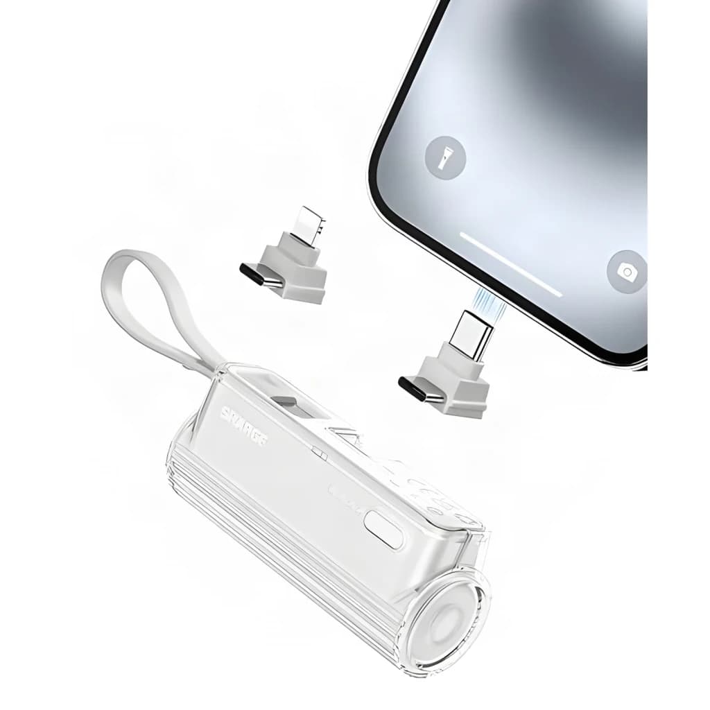 Power Bank Sharge Flow Mini 5000mAh Blue Câble USB-C intégré 22,5W, vue accessoires: adaptateurs Lightning et USB-C