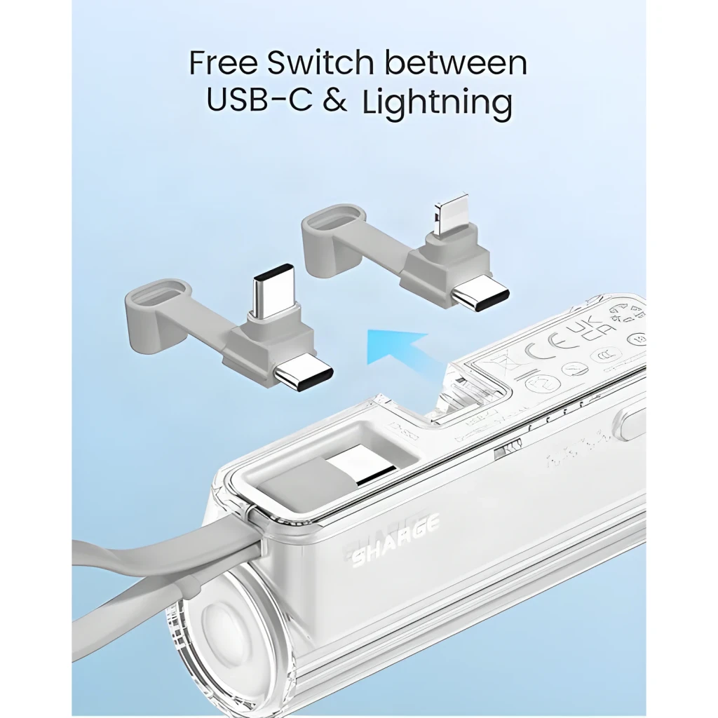Power Bank Sharge Flow Mini 5000mAh Blue Câble USB-C intégré 22,5W, détail: têtes USB-C et Lightning interchangeables