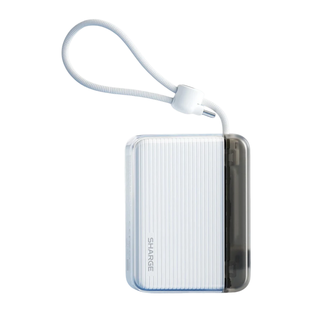 Sharge Flow Go 10000mAh Blanc, vue avant: coque striée blanche avec côté transparent et câble USB-C intégré tressé