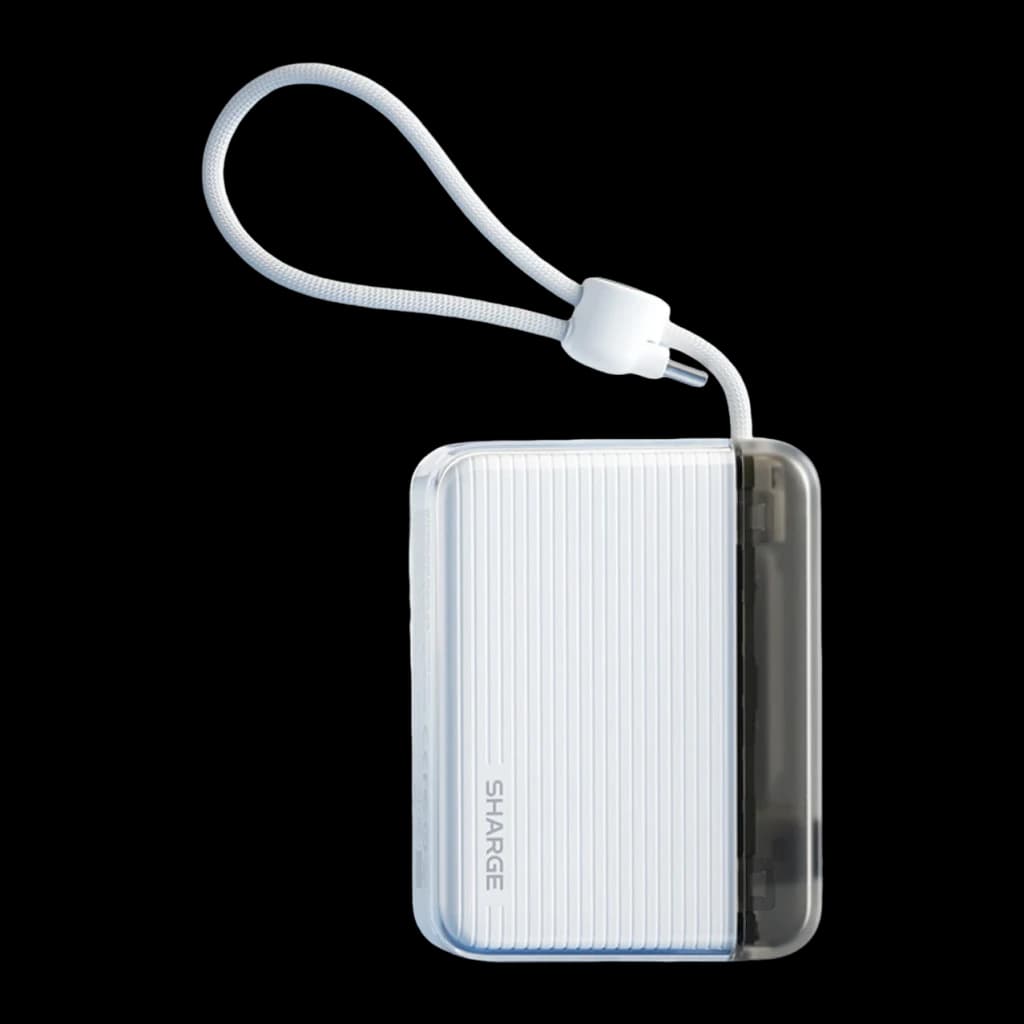 Sharge Flow Go 10000mAh Blanc, vue avant: coque striée blanche avec côté transparent et câble USB-C intégré tressé