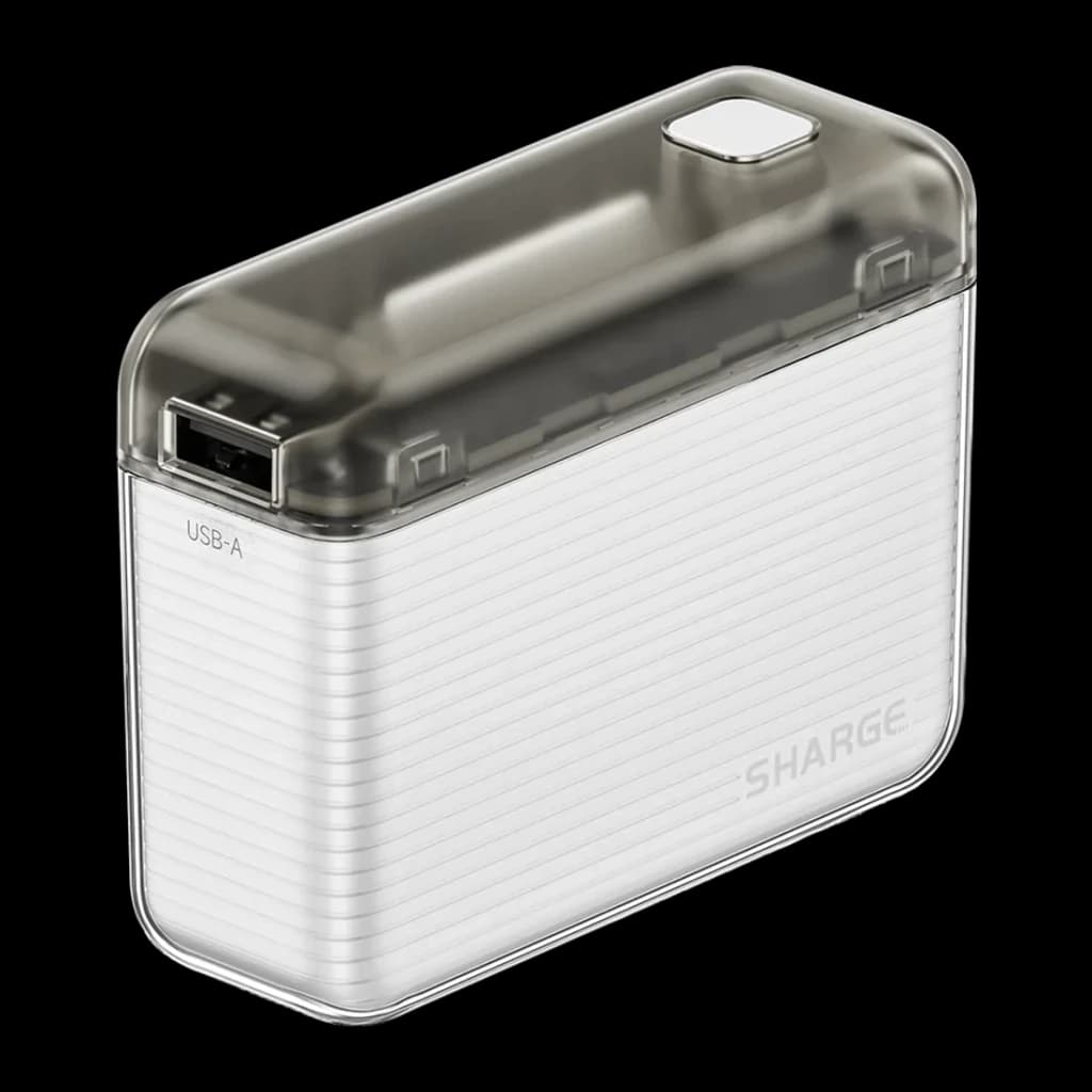 Sharge Flow Go 10000mAh blanc, vue latérale: corps strié blanc, couvercle transparent fumé et port USB-A visible