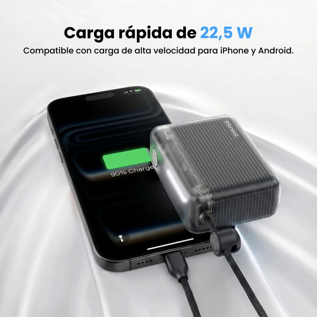 Sharge Flow Go 10000mAh blanc, utilisation: charge smartphone à 90% via câble USB-C intégré, 22,5W