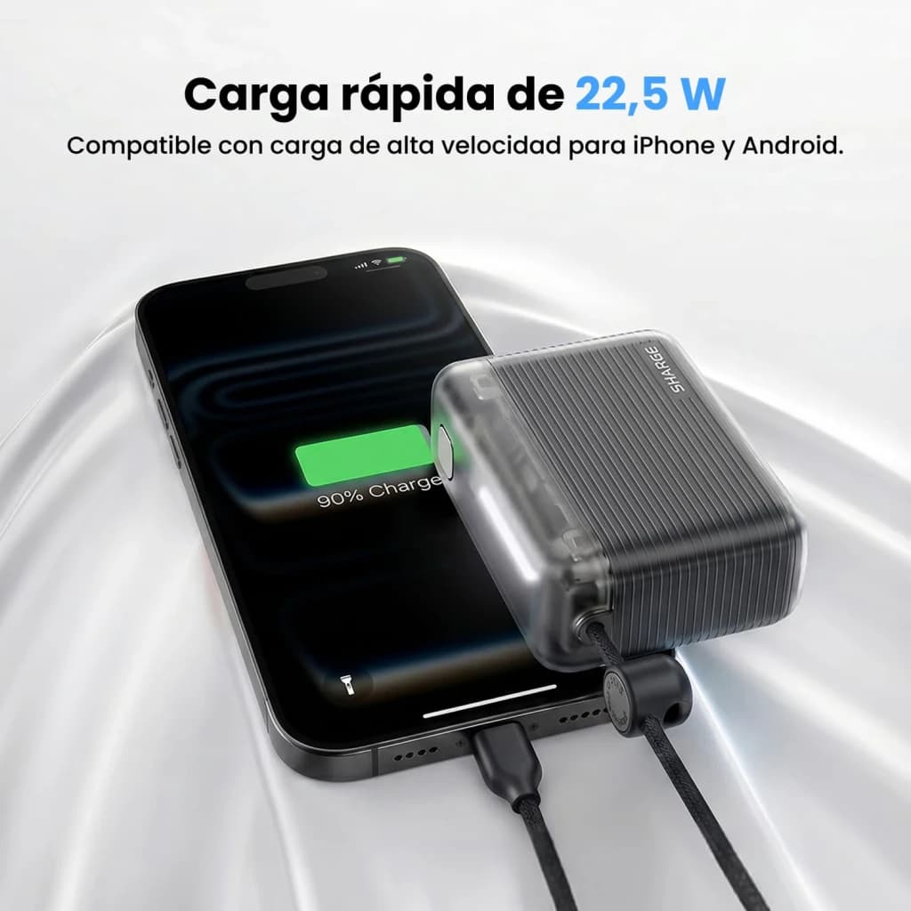 Sharge Flow Go 10000mAh blanc, utilisation: charge smartphone à 90% via câble USB-C intégré, 22,5W