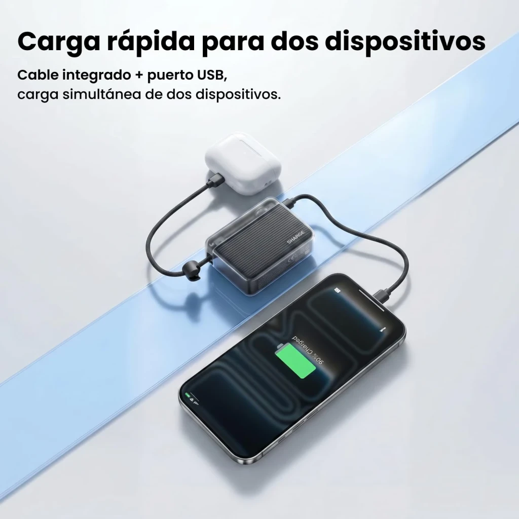 Sharge Flow Go 10000mAh Blanc, utilisation: charge simultanée smartphone et écouteurs via câble USB-C intégré