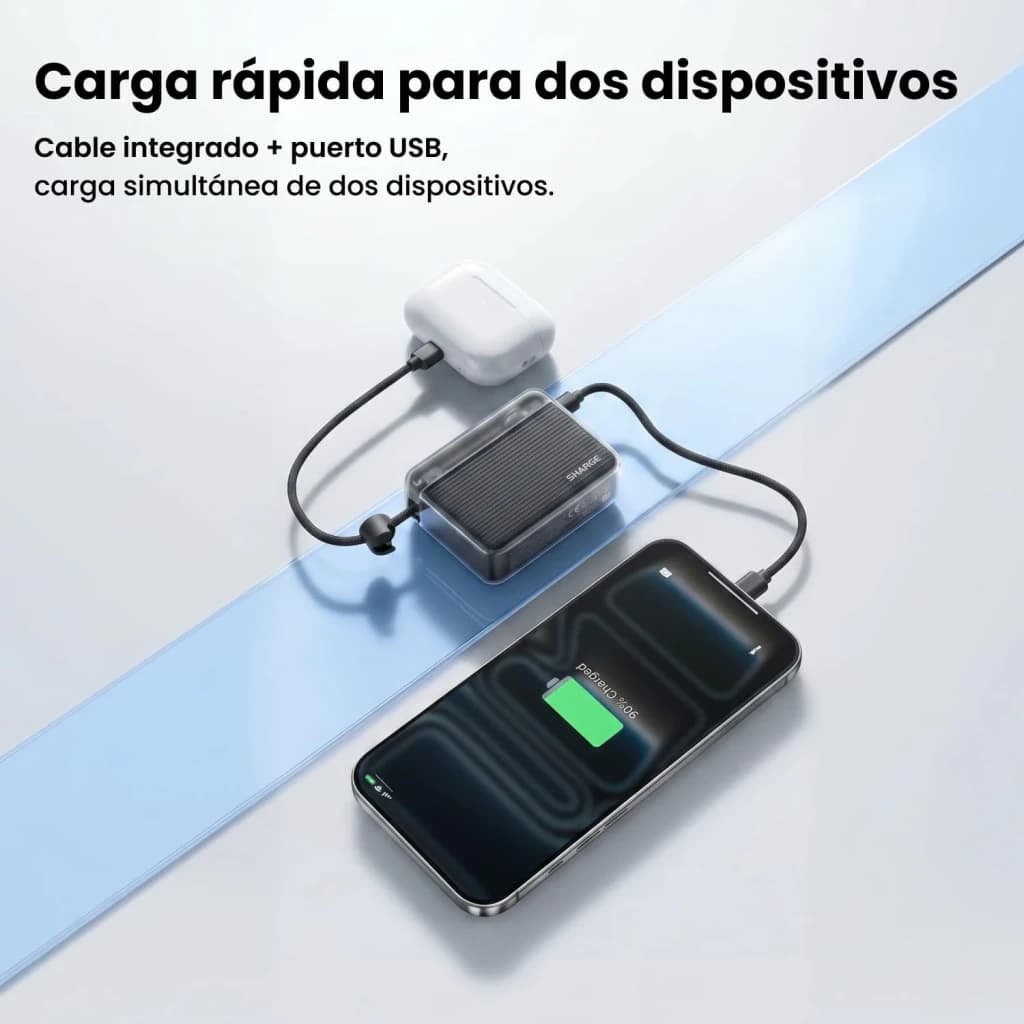 Sharge Flow Go 10000mAh Blanc, utilisation: charge simultanée smartphone et écouteurs via câble USB-C intégré