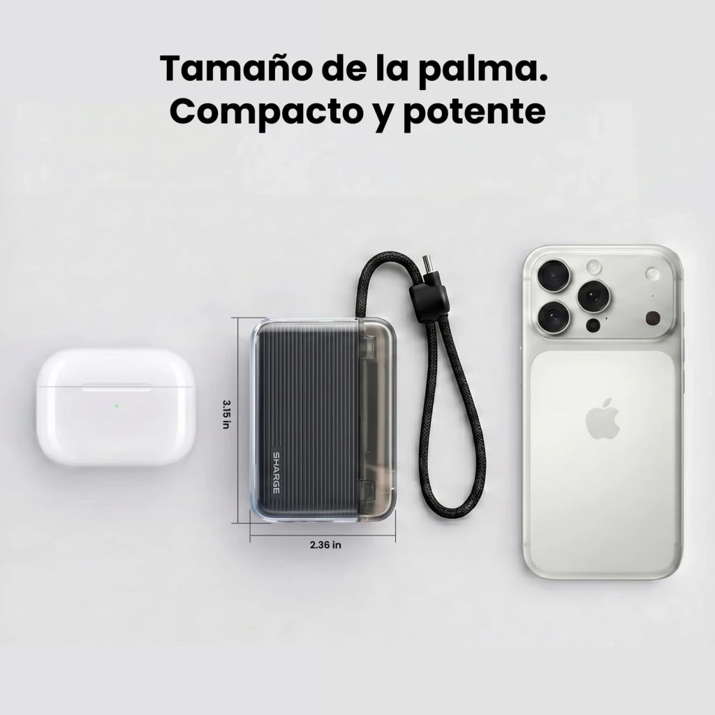 Sharge Flow Go 10000mAh blanc, comparaison de taille: power bank à côté d'AirPods et iPhone, cotes 3.15x2.36