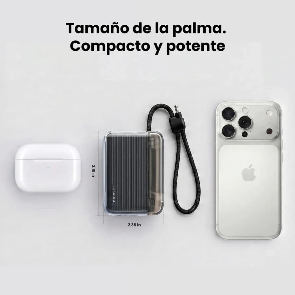 Sharge Flow Go 10000mAh blanc, comparaison de taille: power bank à côté d'AirPods et iPhone, cotes 3.15x2.36