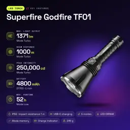 SUPERFIRE Linterna Godfire TF01, 1371 Lúmenes, Alcance 1000 m preto - características