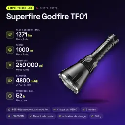 SUPERFIRE Linterna Godfire TF01, 1371 Lúmenes, Alcance 1000 m preto - características