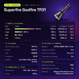 SUPERFIRE Linterna Godfire TF01, 1371 Lúmenes, Alcance 1000 m preto - características