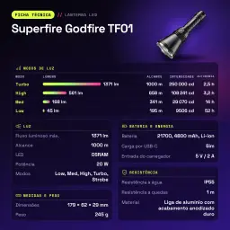 SUPERFIRE Linterna Godfire TF01, 1371 Lúmenes, Alcance 1000 m preto - características