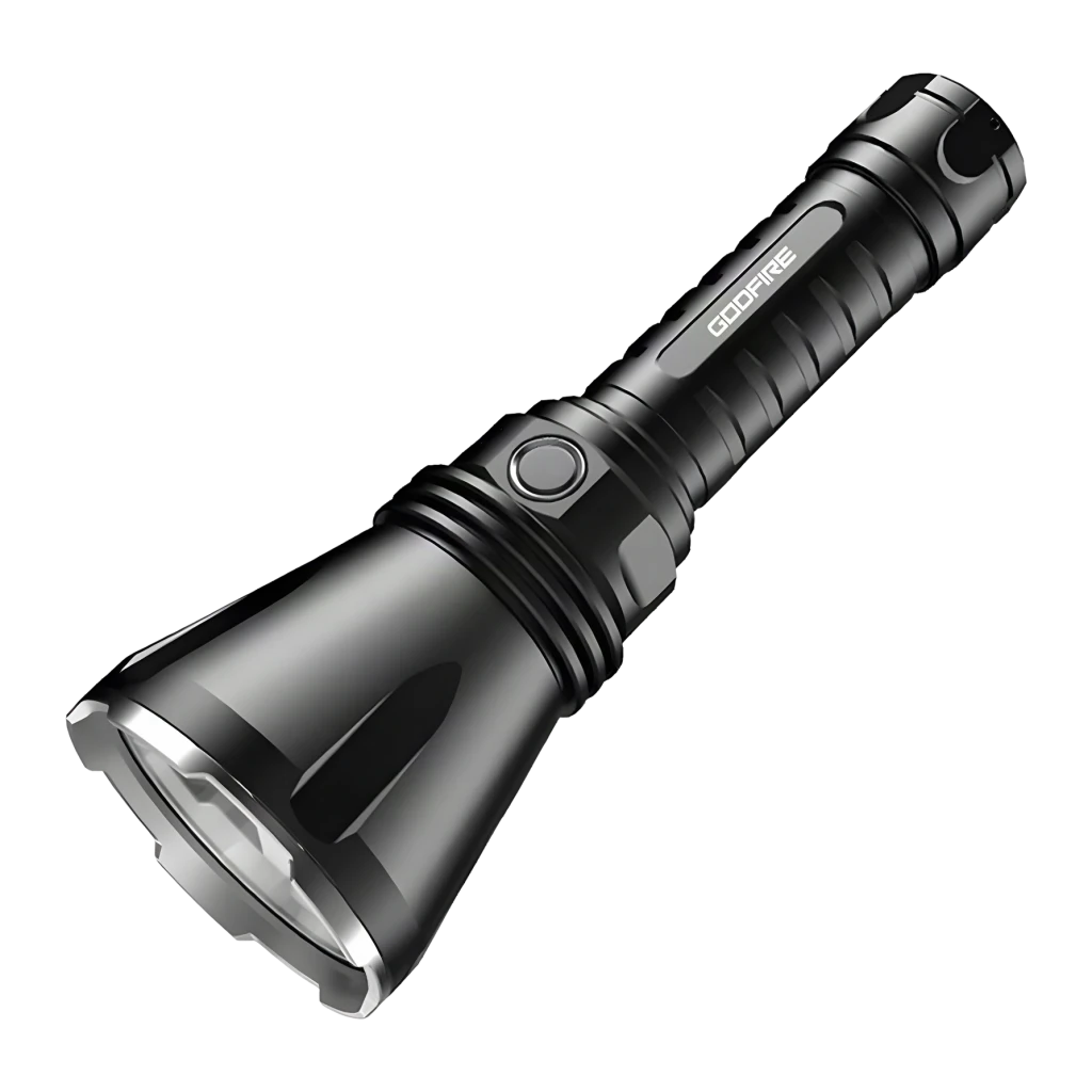Lanterna LED Superfire Godfire TF01 Preto Recarregável USB-C 1371 Lúmens 1000 m, vista frontal: corpo preto estriado, cabeça
