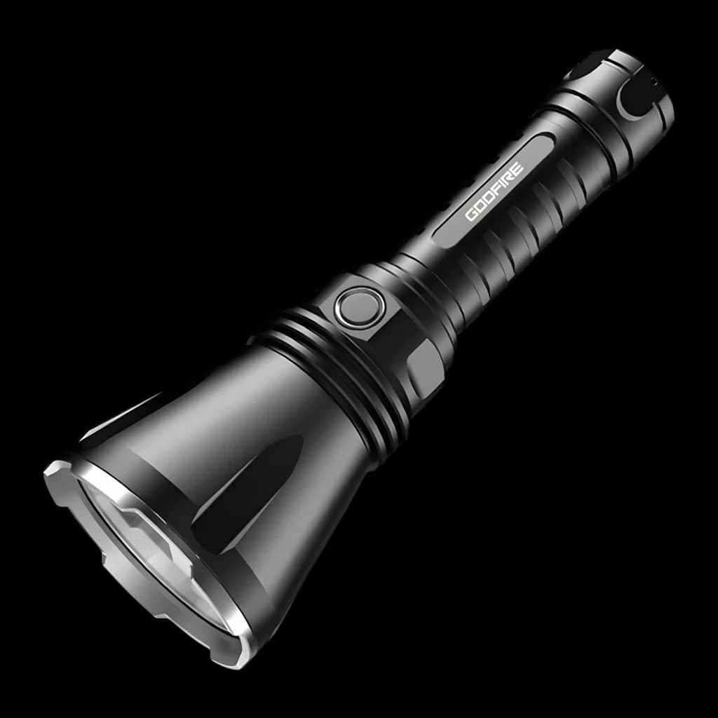 Lanterna LED Superfire Godfire TF01 Preto Recarregável USB-C 1371 Lúmens 1000 m, vista frontal: corpo preto estriado, cabeça