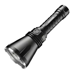 Lanterna LED Superfire Godfire TF01 Preto Recarregável USB-C 1371 Lúmens 1000 m, vista frontal: corpo preto estriado, cabeça